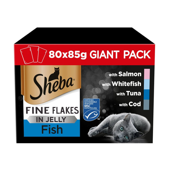 Sheba Fine Flakes Cat Food Pouches Fish in Jelly Giant Pack 80 x 85g