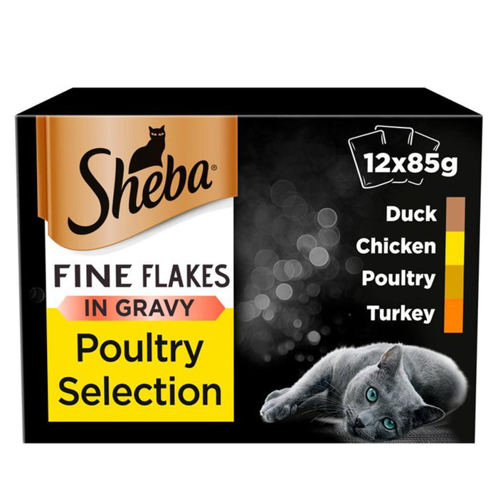 Sheba Fine Flake Adult 1+ Wet Cat Food Pouches Mixed Poultry Gravy 12 x 85g