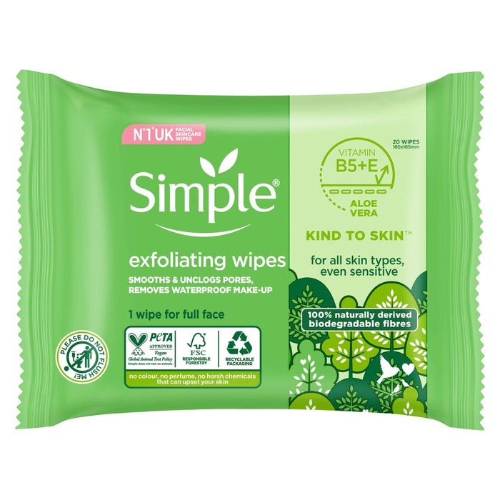 Simple Biodegradable Exfoliating Wipes 20 per pack