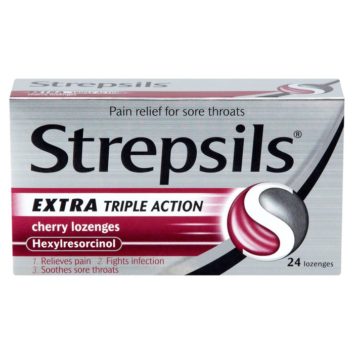 Estrepsils Pasadas de cereza triple triples adicionales para dolor de garganta 24 por paquete