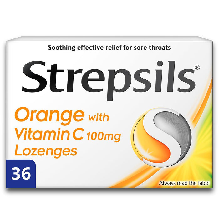 Estrepsils naranja y pastillas de vitamina C para dolor de garganta 36 por paquete