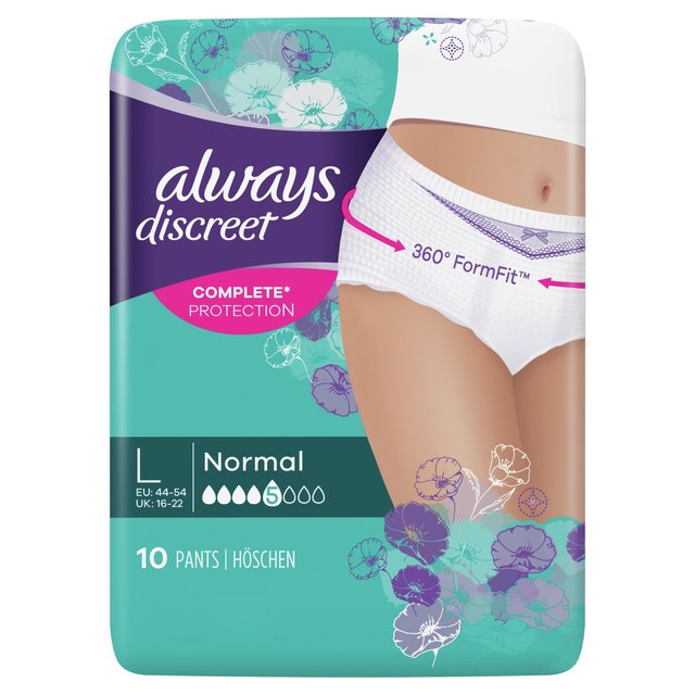 Amazon.com: Always Discreet Adult Incontinence & Postpartum Underwear For  Women, Classic Cut, Size Large, Maximum Absorbency, Disposable, 17 Count :  Health & Household