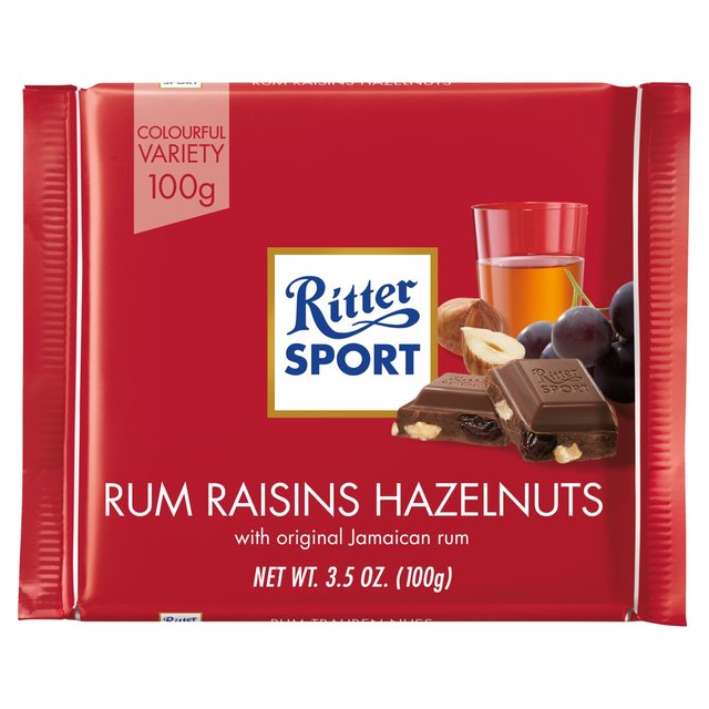 Ritter Sport Rum, Rosinen und Haselnüsse Milchschokolade 100g