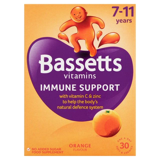 Vitamines de soutien immunitaire de Bassetts, orange 7-11 ans 30 par paquet