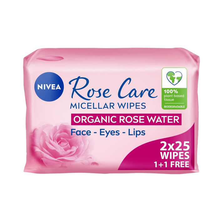 Nivea Rose Care Biodégradable Mcellar Face Wipes avec eau de rose biologique 2 x 25 par paquet