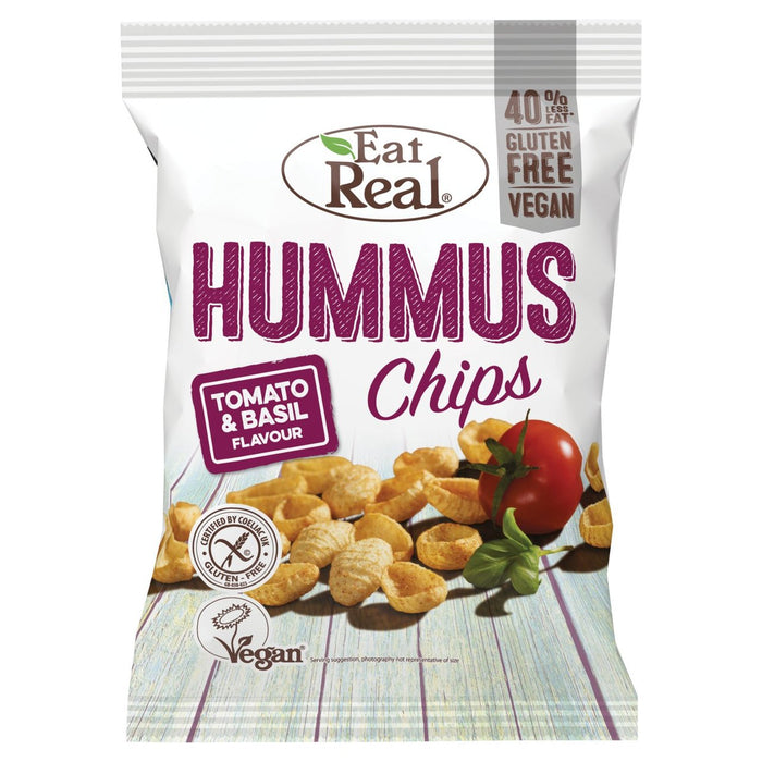 Essen Sie echte Hummus -Tomaten- und Basilikum -Aroma -Chips 135g