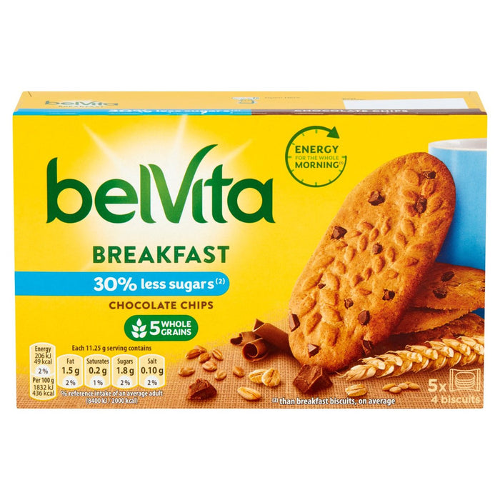 Belvita 30% menos chips de chocolate de azúcar Biscuits de desayuno 5 x 45g