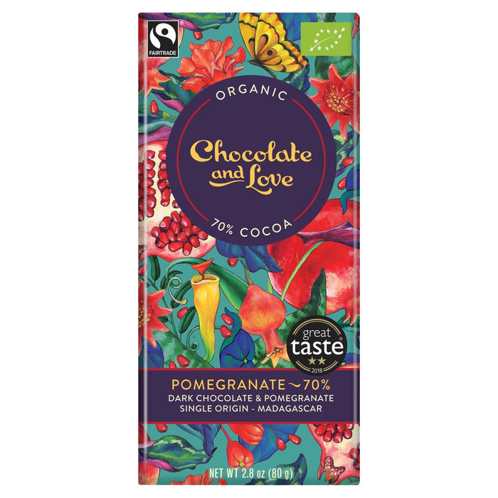 Chocolate y amor Fairtrade Pomegranate orgánico 70% de chocolate negro 80g