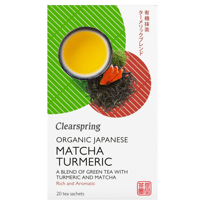 Clearspring Bio -japanische Matcha -Kurkuma -grüne Tee Teebeutel 20 pro Packung