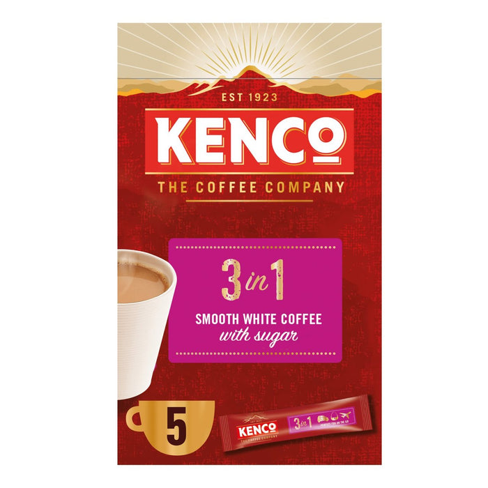 Kenco 3 in 1 glatter weißer Instantkaffee mit Zuckerbeutel 5 x 20g