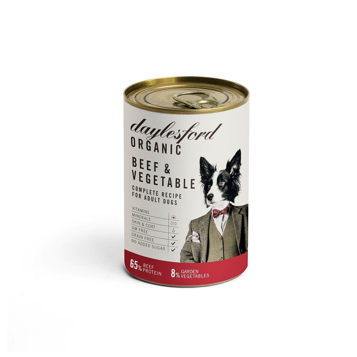 Daylesford orgánico de carne de res y verduras completas alimentos para perros húmedos 400g