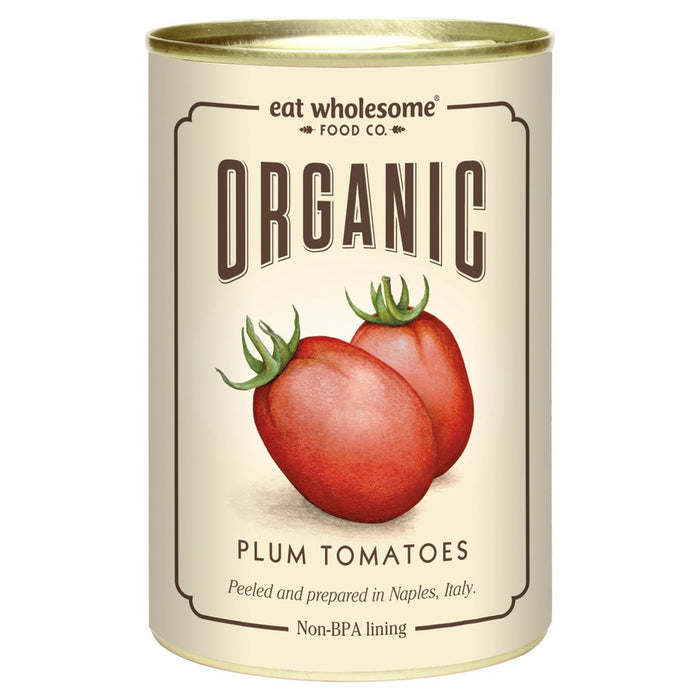 Come tomates de ciruela pelados orgánicos sanos 400g