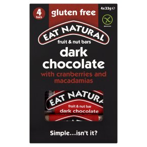 Essen Sie natürliche glutenfreie Preiselbeeren Macadamias & dunkle Schokoladenstangen 4 x 33g