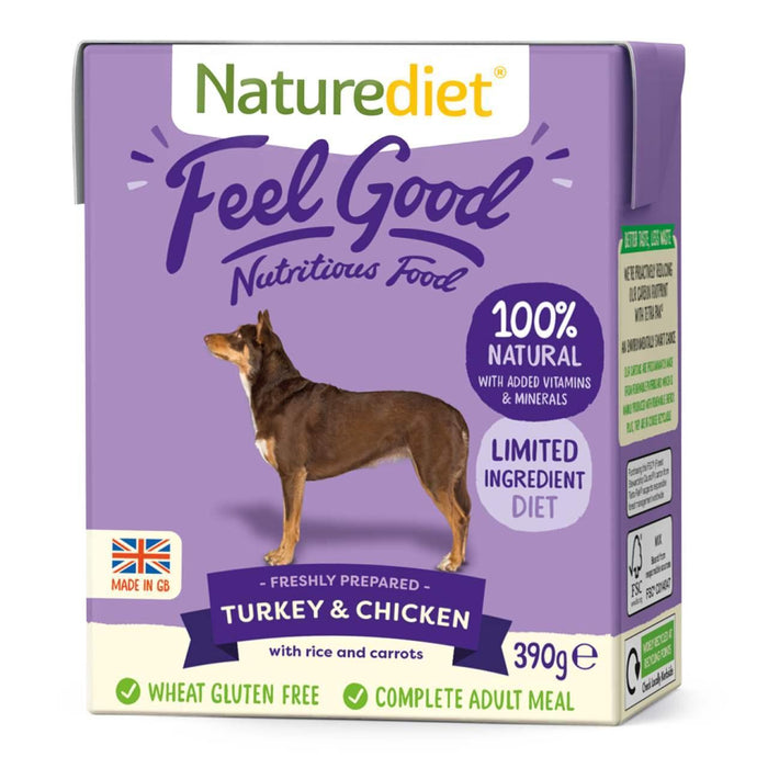 Naturediet Feel Good طعام الكلاب الرطبة بالديك الرومي والدجاج 18 × 390 جم