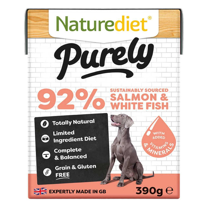 Naturediet طعام الكلاب الرطب الكامل 92% سمك السلمون والأسماك البيضاء 18 × 390 جم