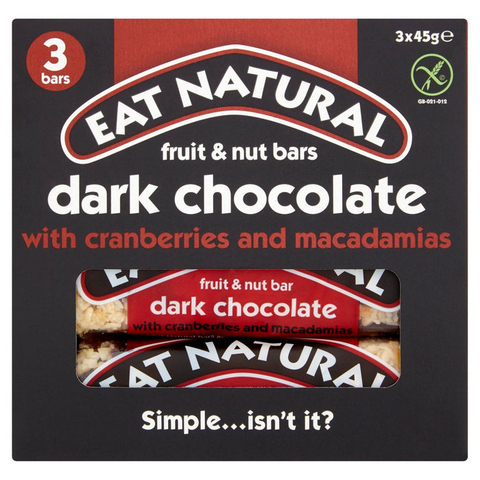 Essen Sie natürliche dunkle Schokoladen -Cranberries & Macadamias Riegel 3 x 45 g