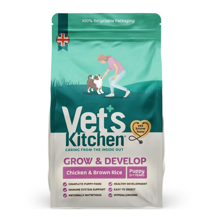 Vet's Kitchen طعام جاف للكلاب ينمو ويتطور بالدجاج والأرز البني 7.5 كجم