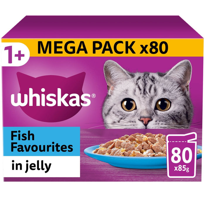 ويسكاس 1+ أكياس طعام رطب للقطط البالغة، الأسماك المفضلة في الهلام، 80 × 85 جم