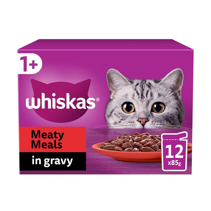ويسكاس 1+ طعام رطب للقطط البالغة مع وجبات اللحم في المرق 12 × 85 جم