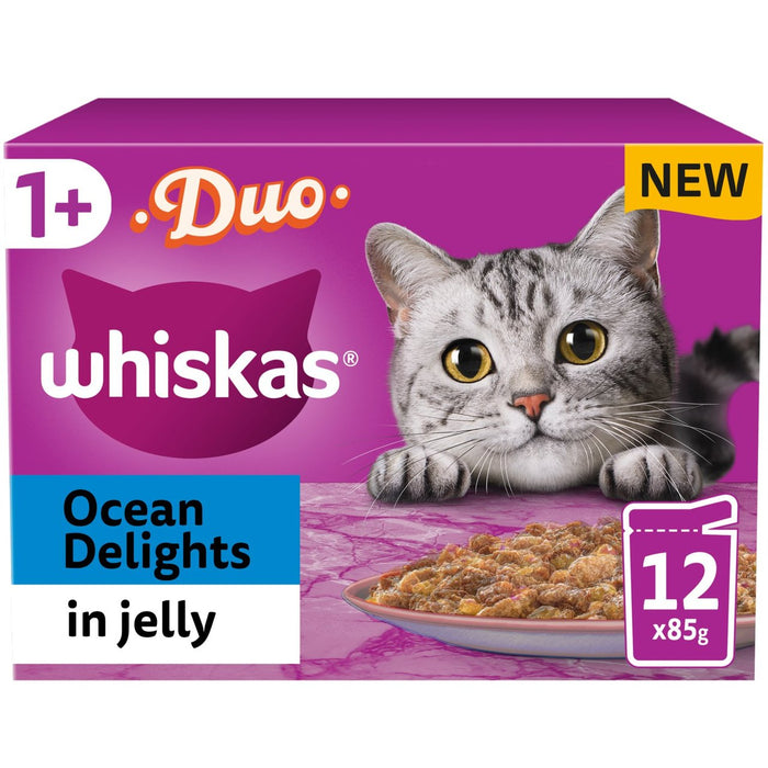 Whiskas 1+ Adult Wet Cat Food Pouches Ocean Delight in Jelly 12 x 85g