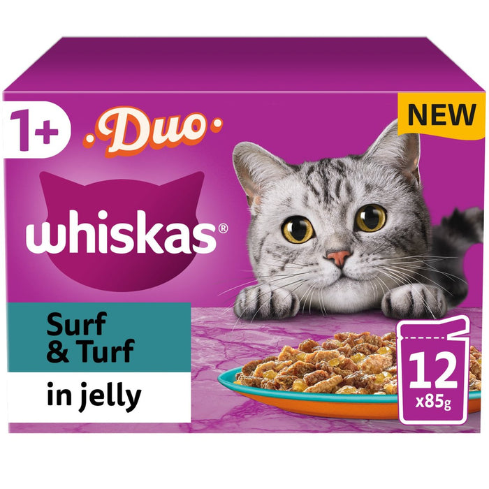 Whiskas 1+ Adult Wet Cat Food Pouches Surf & Turf Duo in Jelly 12 x 85g