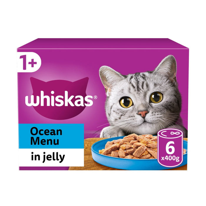Whiskas 1+ Adult Wet Cat Food Tins Ocean Menu in Jelly 6 x 400g