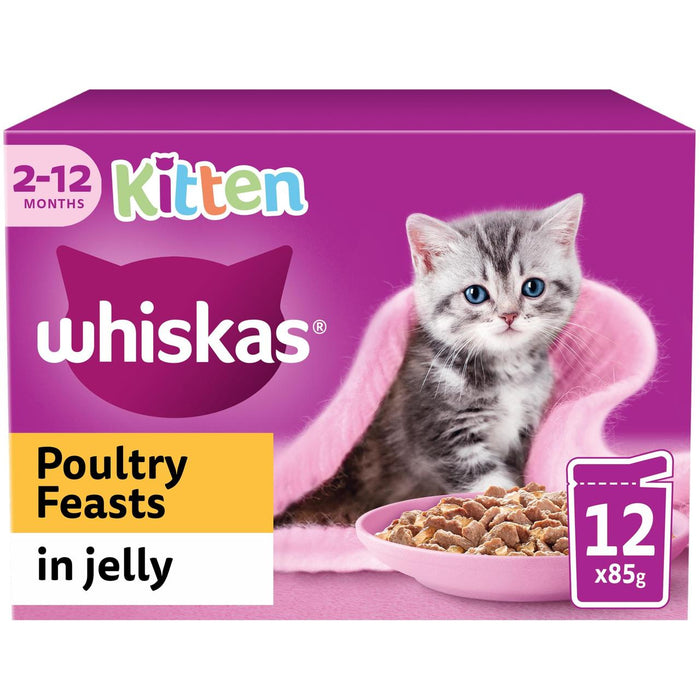 Whiskas 2-12mnths Gatten Bolsas de gato húmedo Fiests de aves de corral en gelatina 12 x 85g