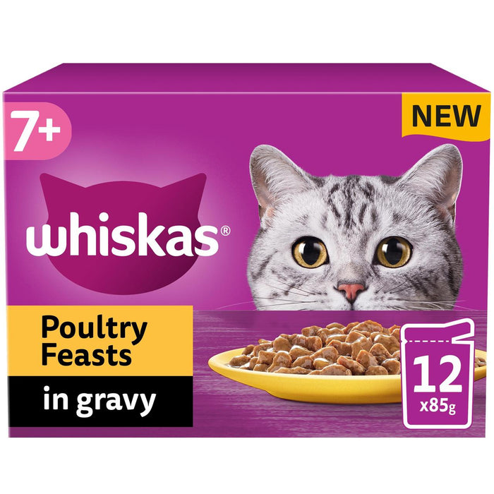 ويسكاس 7+ أكياس طعام رطب للقطط البالغة ولائم الدواجن في المرق 12 × 85 جم