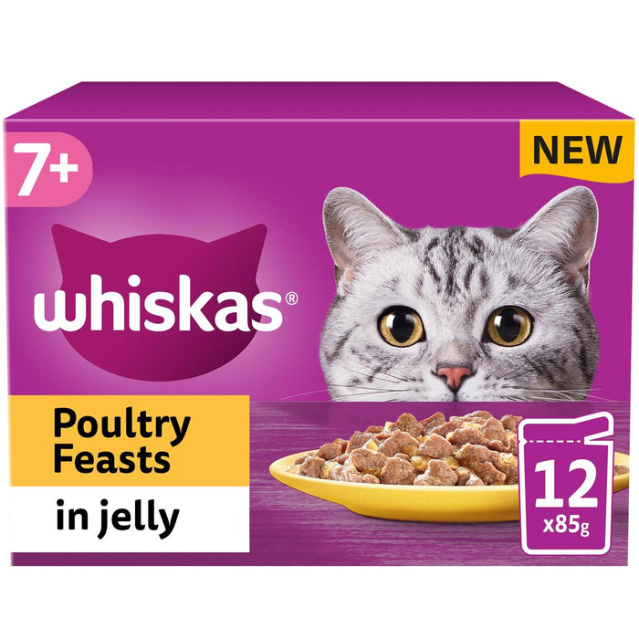 Whiskas 7+ Fiestas de aves de corral de comida para gatos húmedos para adultos en gelatina 12 x 85g