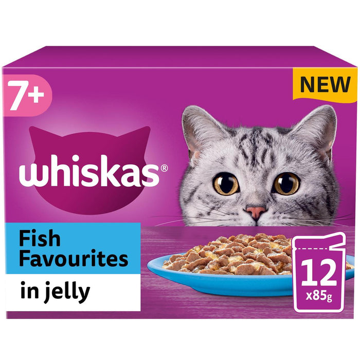 Whiskas 7+ favoritos de pescado de comida de gato húmedo en gelatina 12 x 85g