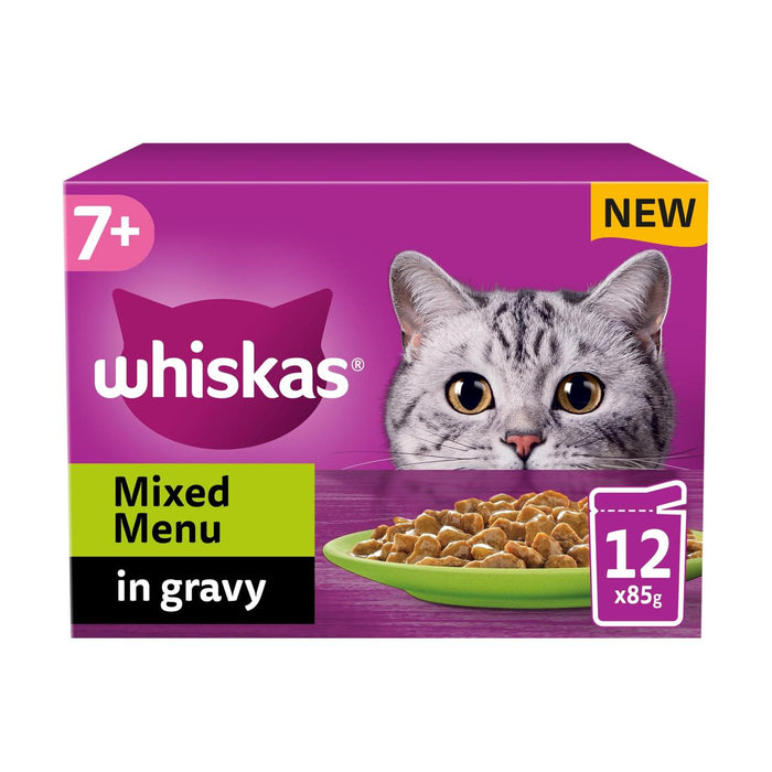 ويسكاس 7+ طعام القطط الرطب بقائمة مختلطة بالمرق 12 × 85 جم