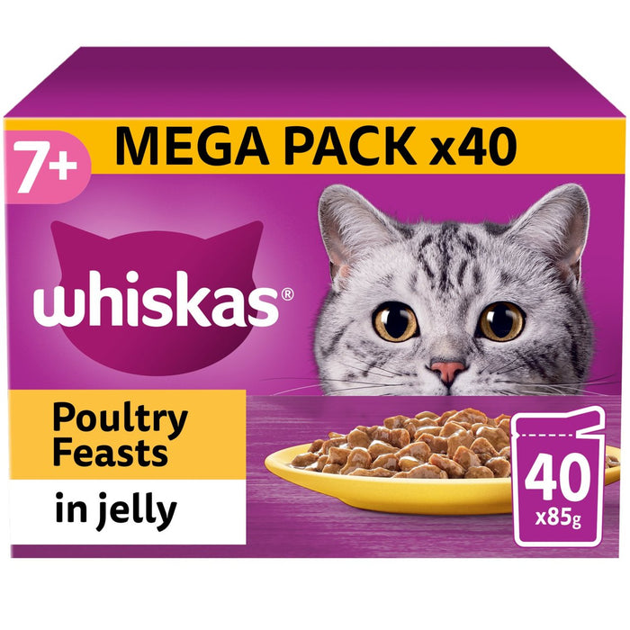 Whiskas 7+ Fiests de aves de corral de comida para gatos húmedos en gelatina 40 x 85g