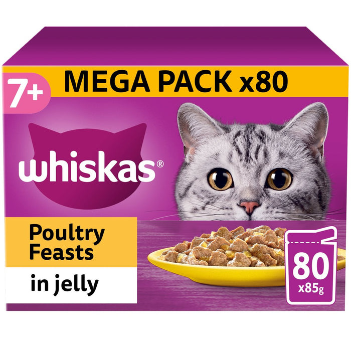 Whiskas 7+ Fiests de aves de corral de comida de gato húmedo en gelatina 80 x 85g