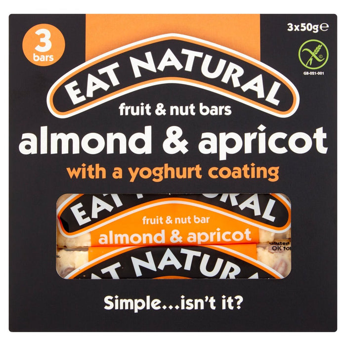 Essen Sie natürliche Mandel- und Aprikosen -Joghurt -beschichtete Balken 3 x 50 g
