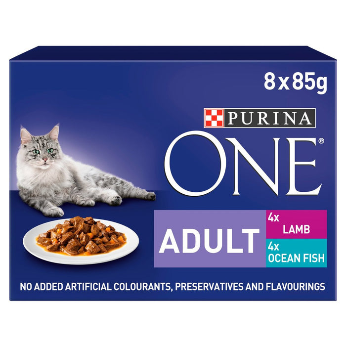 بورينا ONE طعام القطط البالغة بالأسماك ولحم الضأن 8 × 85 جم