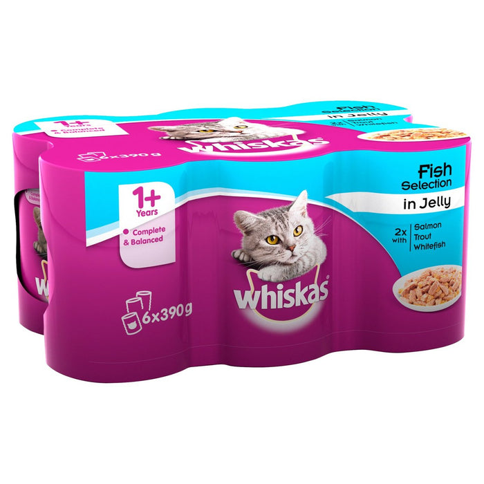Whiskas Adult 1+ Wet Cat Food Tins Mixed Fish Selection in Jelly 6 x 390g