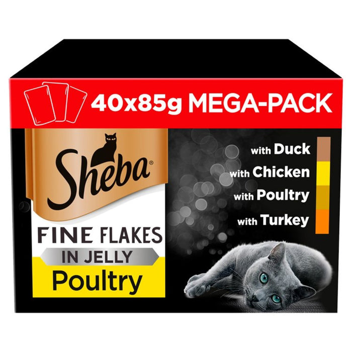 Sheba Fine Flocken Erwachsener 1+ Wet Cat Food Beutel gemischtes Geflügel Gelee 40 x 85 g