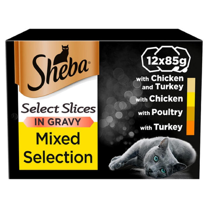 Sheba Select Slices Erwachsener 1+ Wet Cat Food Food Tablett gemischte Geflügelsauce 12 x 85 g