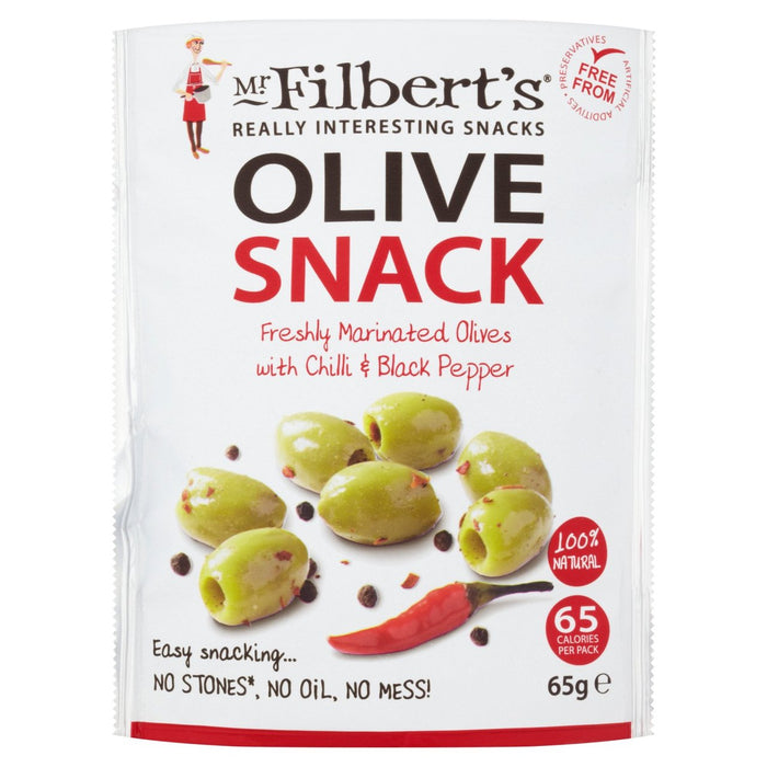 Mr Filberts Olive Snacks Pitted Green Olives with Chilli & Blackpepper 65g