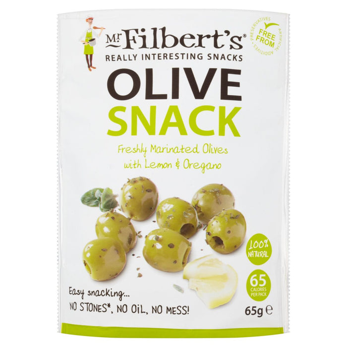 Mr Filberts Olive Snacks Pitted Green Olives with Lemon & Oregano 65g