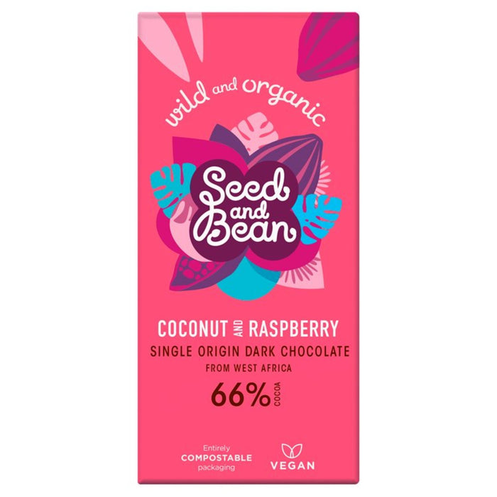 Semilla y frijoles orgánicos Sao Tome Dark Choc 66% Coconut & Raspberry 85G
