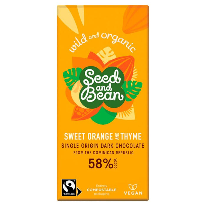 Barra de chocolate negro orgánico de semillas y frijoles 58% naranja y tomillo 85g