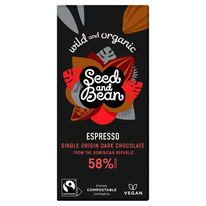 Barra de chocolate negro orgánico de semillas y frijoles 58% espresso 85G