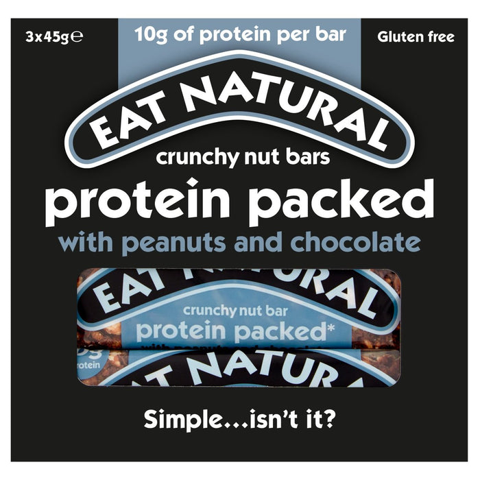 Essen Sie natürliche, proteingepackte Erdnüsse und Schokoladenstangen 3 x 45 g